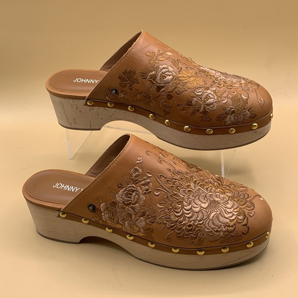 Johnny Was Mono Clog Tonal Leather Slip On Wooden Mules Studded- Women's Size 10